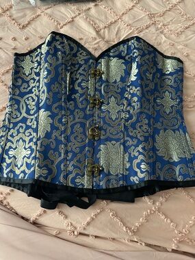 Blue Brocade Corset Top with Metallic Silver Pattern
